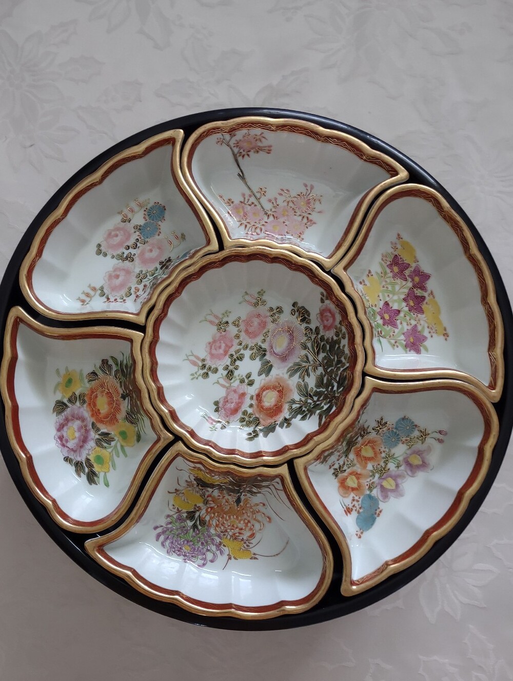 Genuine Kutani Stamp Ceramics Floral Gold Gilt Divided Set Rotating Lazy Susan